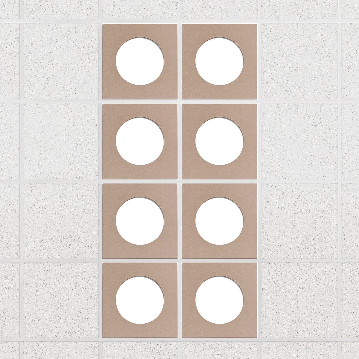 Halo felt drop ceiling tiles in Cashmere with white circle centers, set of 8 in a 2 x 4 layout