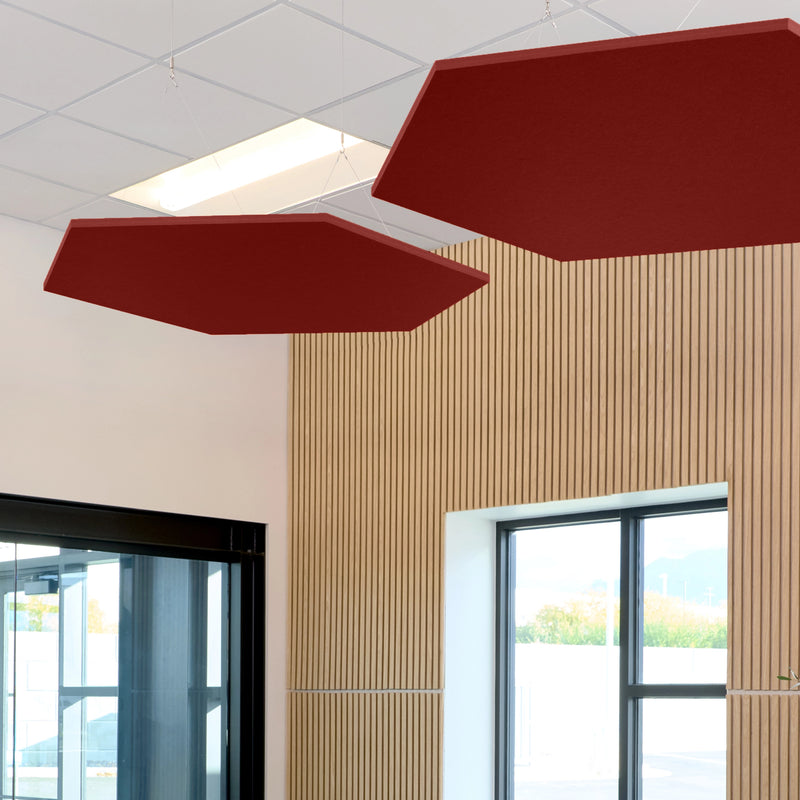 Hexagon Flat Cloud acoustic ceiling baffles in red felt