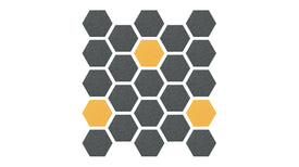 Felt Right Design hexagonal shapes in shades of dark grey and light yellow can be displayed in a hallway or entry way