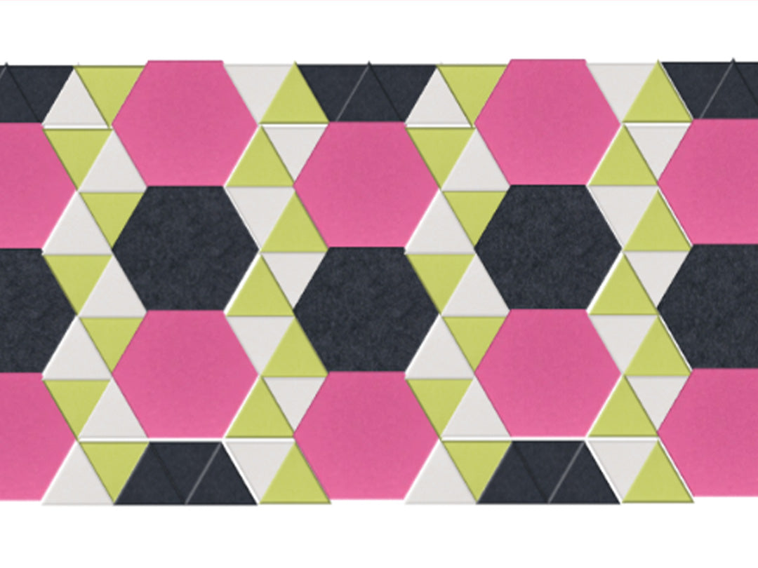 Geometric pattern with pink, green, and black shapes on a white background