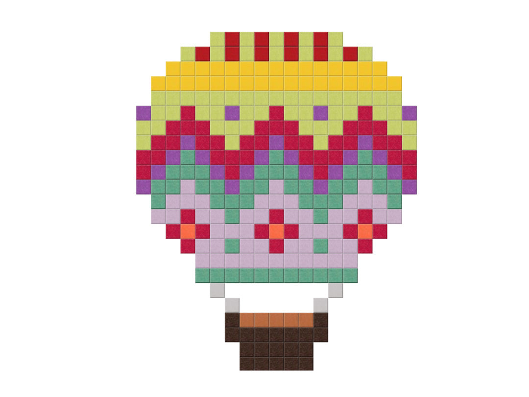 Pixel art hot air balloon with colorful design on a white background