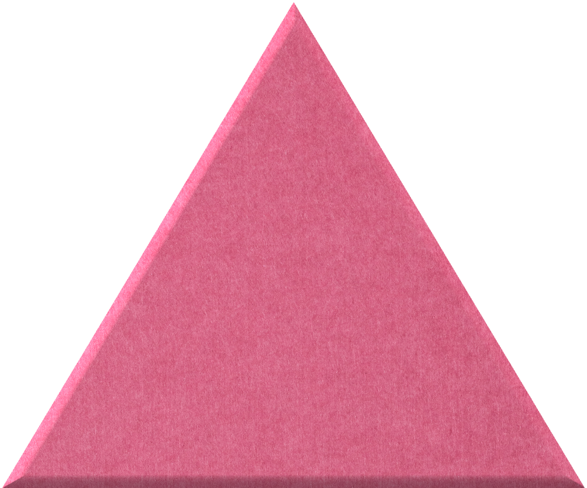 Pink triangle tile with textured surface and three-dimensional beveled edges.