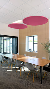 Two pink circular acoustic baffles suspended from ceiling above conference table in modern office space.