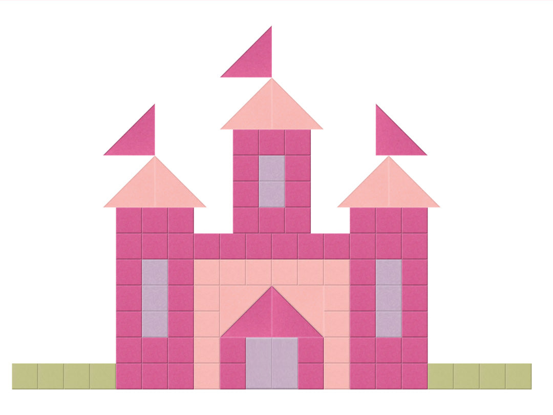 Pink castle made of building blocks on a white background