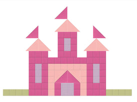 Pink castle made of building blocks on a white background