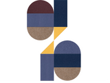 Abstract geometric design with rounded shapes in burgundy, blue, tan, and yellow tones.