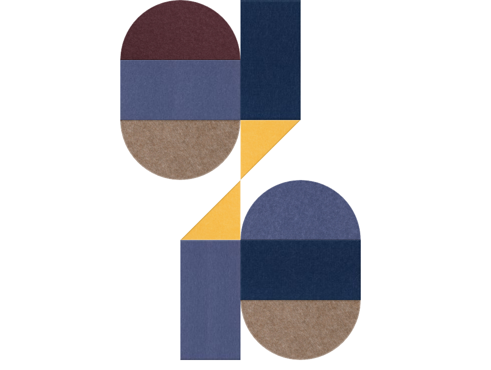 Abstract geometric design with rounded shapes in burgundy, blue, tan, and yellow tones.