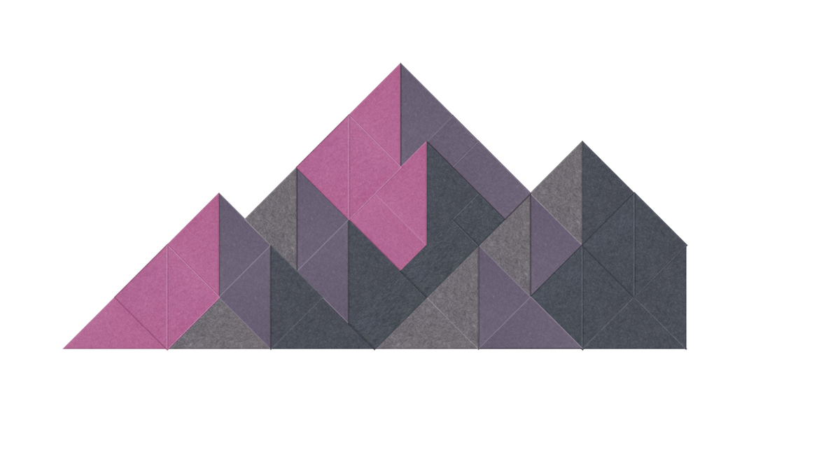 Abstract mountain range design with overlapping triangular peaks in shades of pink, purple, and charcoal gray.