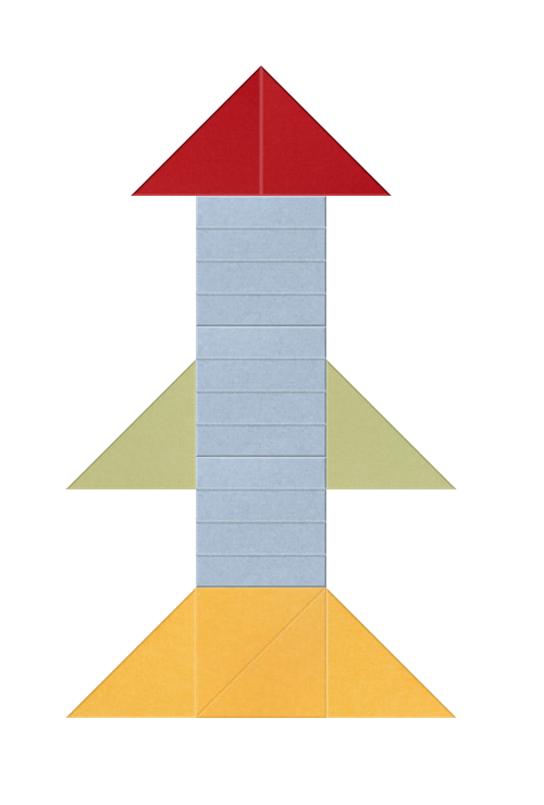 Geometric rocket design with red pointed nose cone, light blue body with horizontal lines, olive-green fins, and yellow flame