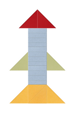 Geometric rocket design with red pointed nose cone, light blue body with horizontal lines, olive-green fins, and yellow flame