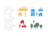 Set of colorful building block shapes with measurements on a white background