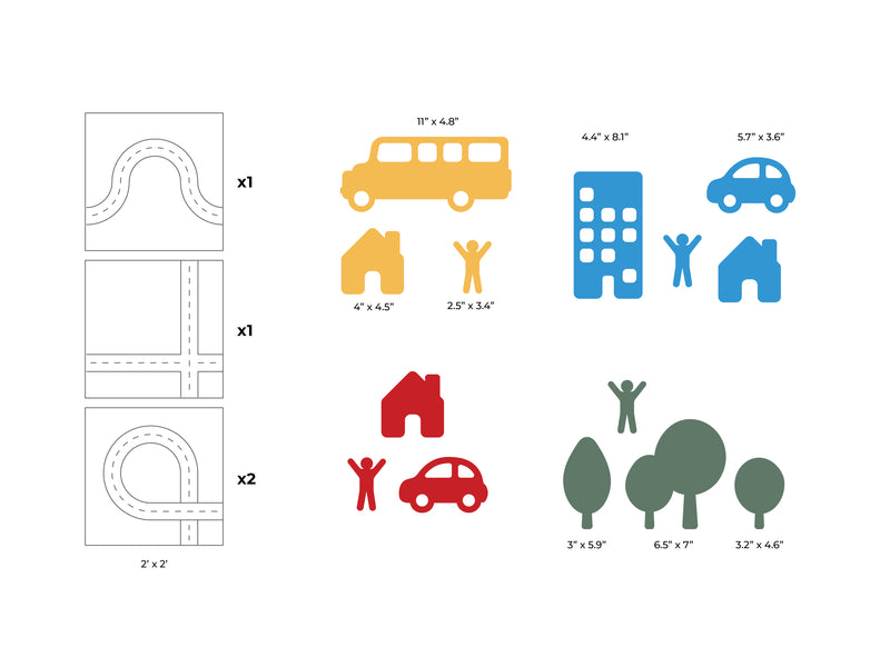 Set of colorful building block shapes with measurements on a white background