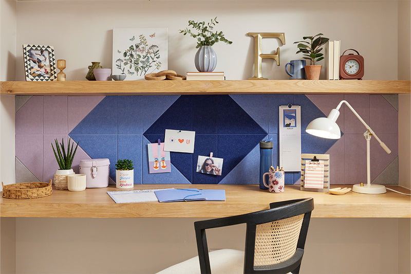 A Felt Right pinnable design in shades of blue and purple below a shelf and above a desk 