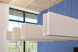 Modern pendant light fixture hanging from a ceiling in an indoor setting with blue walls and large windows.
