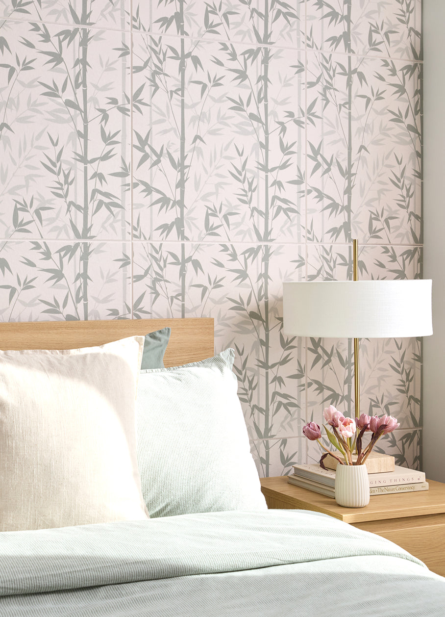 Wood Slats in Oak Latte on a wall behind a grey couch