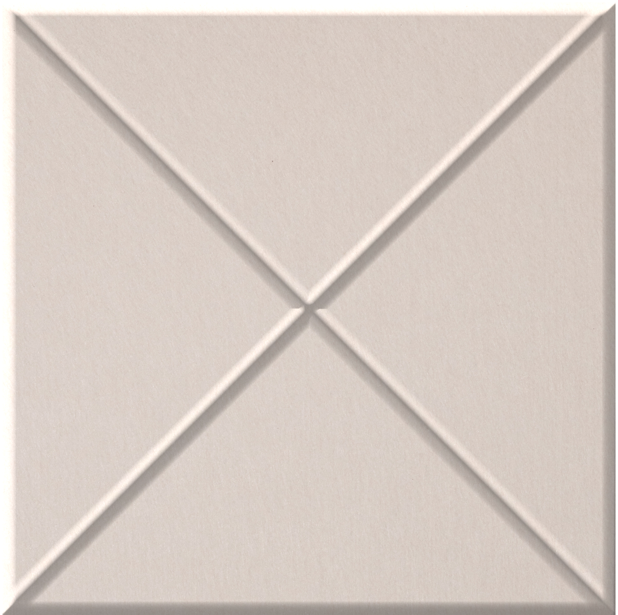 Beige ceramic tile with raised cross pattern dividing surface into four triangular sections.