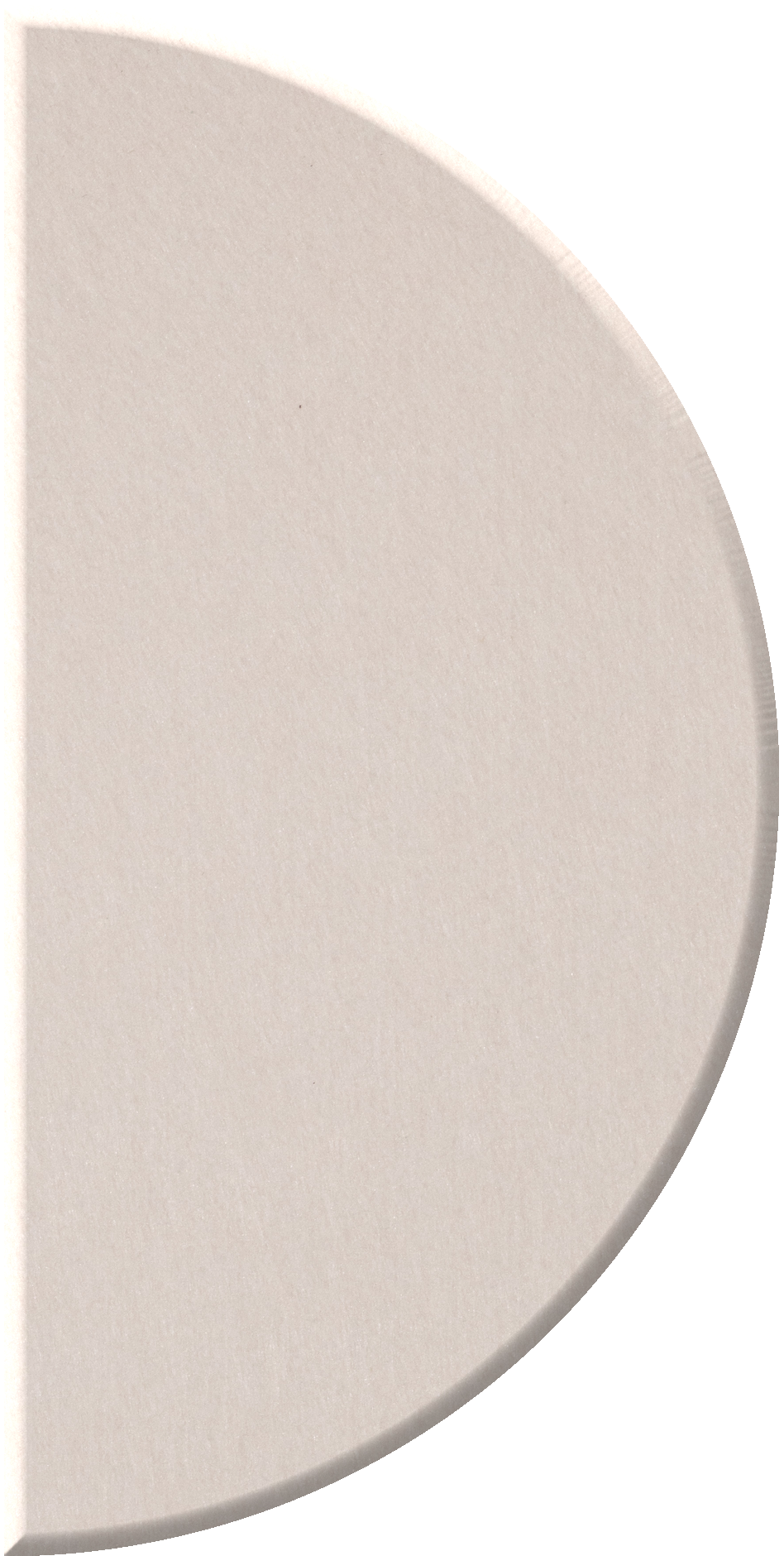 Cream-colored half circle tile with curved edge and flat straight edge.