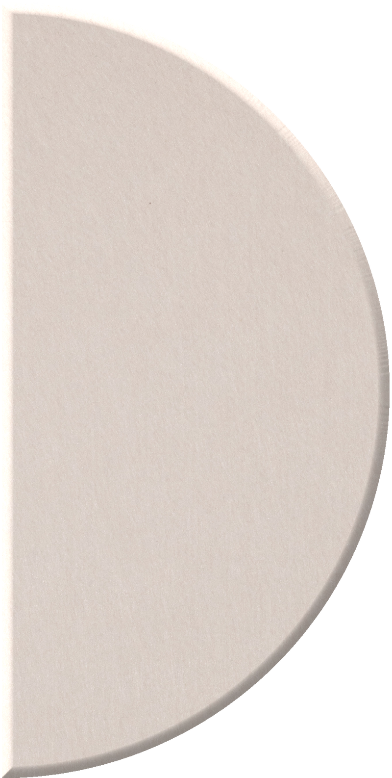 Cream-colored half circle tile with curved edge and flat straight edge.