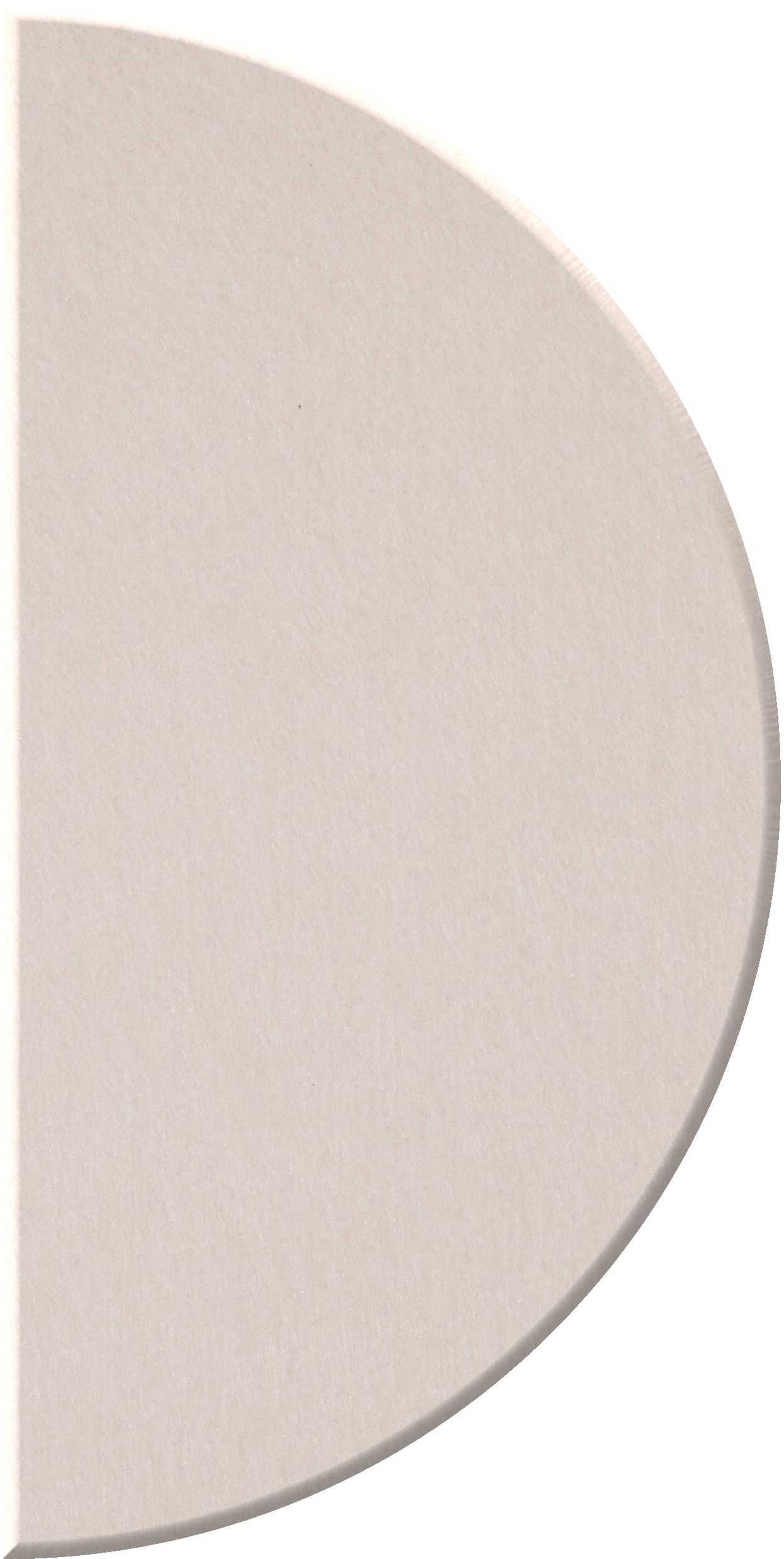 Beige half circle tile with curved edge and flat straight edge.
