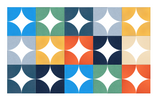 Geometric grid pattern with colored squares featuring white four-pointed stars and curved shapes in blue, green, yellow, oran