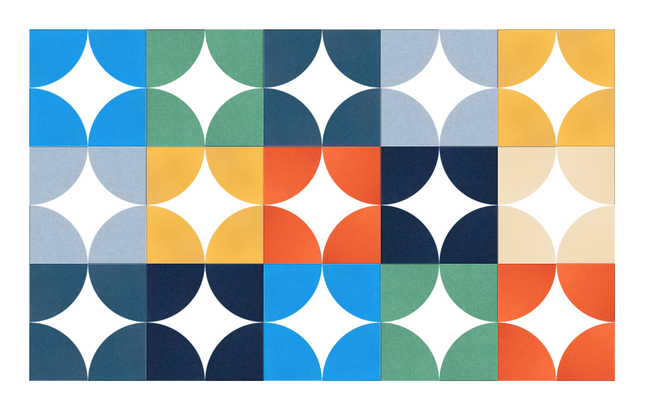 Geometric grid pattern with colored squares featuring white four-pointed stars and curved shapes in blue, green, yellow, oran