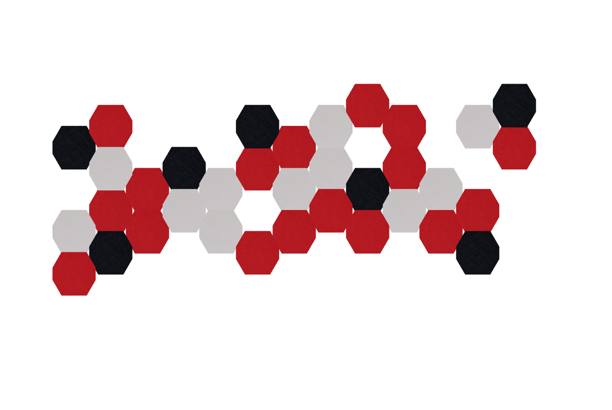 Arrangement of red, black, and gray hexagons clustered together in a honeycomb-like pattern.