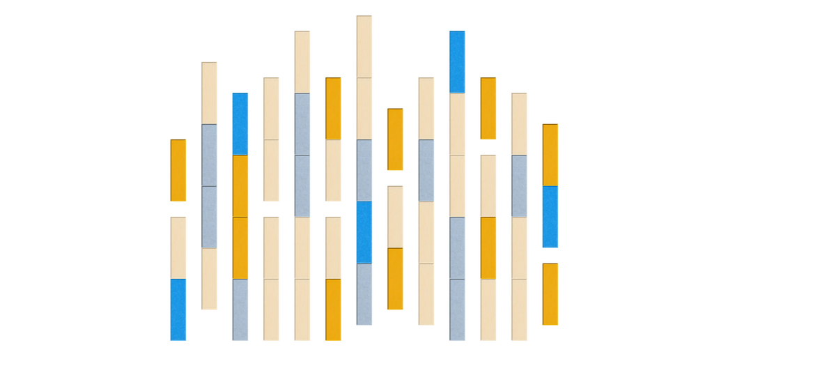 Stacked bar chart with vertical segments in blue, gray, gold, and natural wood tones arranged in columns.