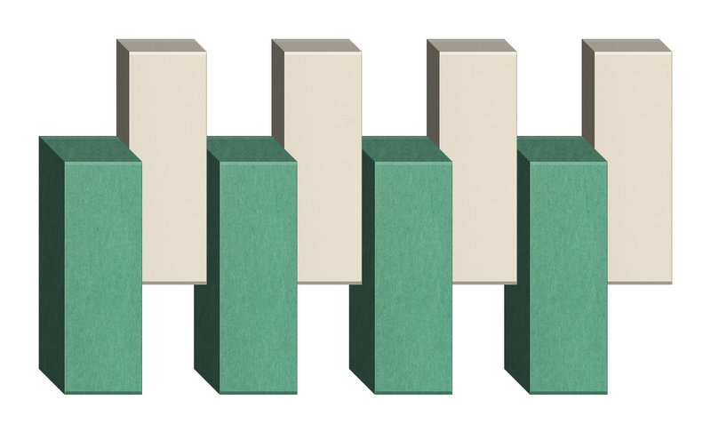 Four teal and cream rectangular blocks arranged in alternating heights with three-dimensional perspective.