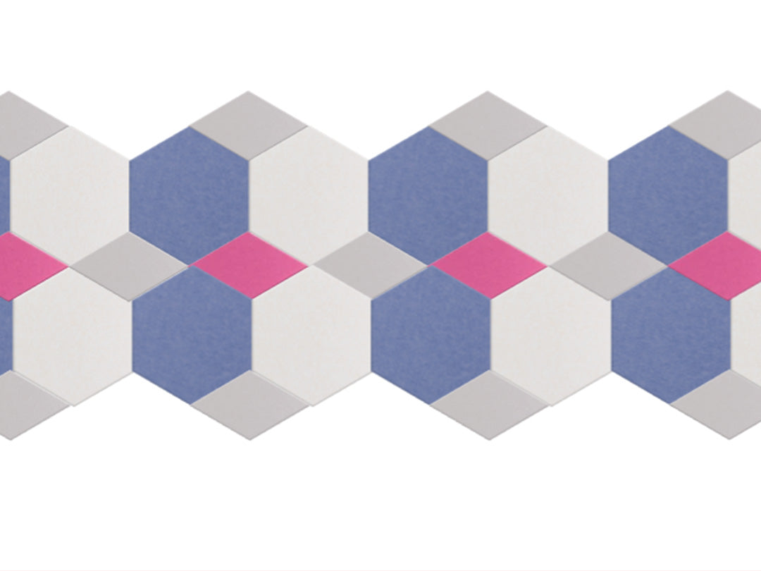 Hexagonal tiles in blue, pink, and gray on a white background