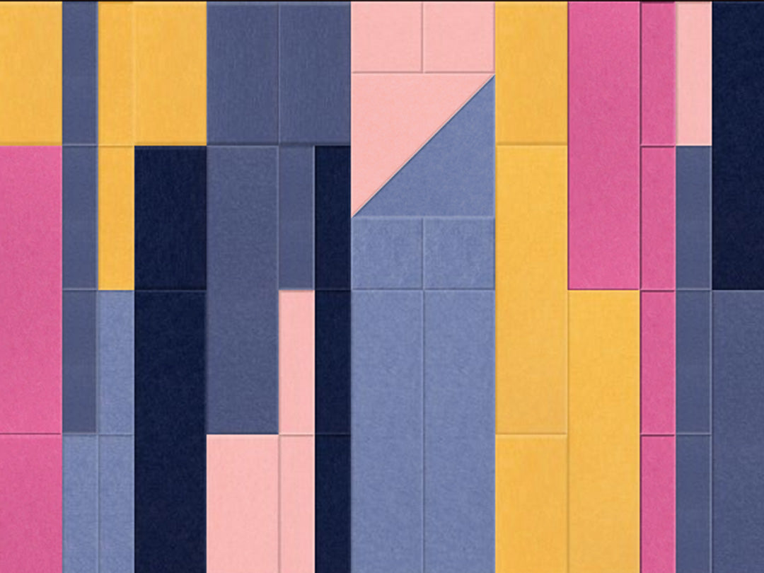 Colorful geometric pattern with squares in pink, yellow, blue, and purple.