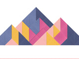 Geometric mountain landscape with layered triangular peaks in shades of blue, pink, yellow, and gold.