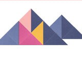 Geometric pattern of triangles in pink, blue, and yellow on a white background