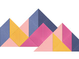 Geometric mountain sculpture with faceted triangular sections in blue, pink, yellow, and gold tones.