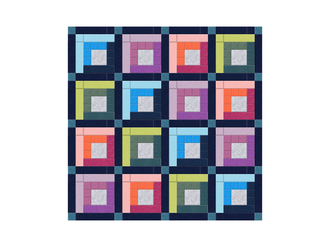 Colorful geometric quilt design with square patterns on a white background