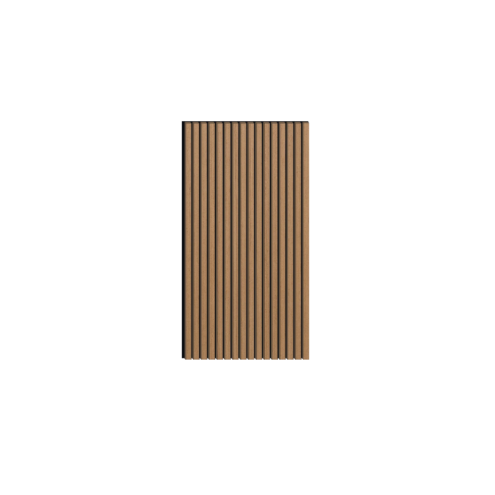 Vertical wood slat wainscoting panel with evenly spaced tan and dark brown slats.