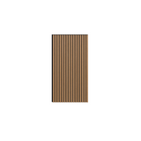 Vertical wood slat wainscoting panel with evenly spaced tan and dark brown slats.