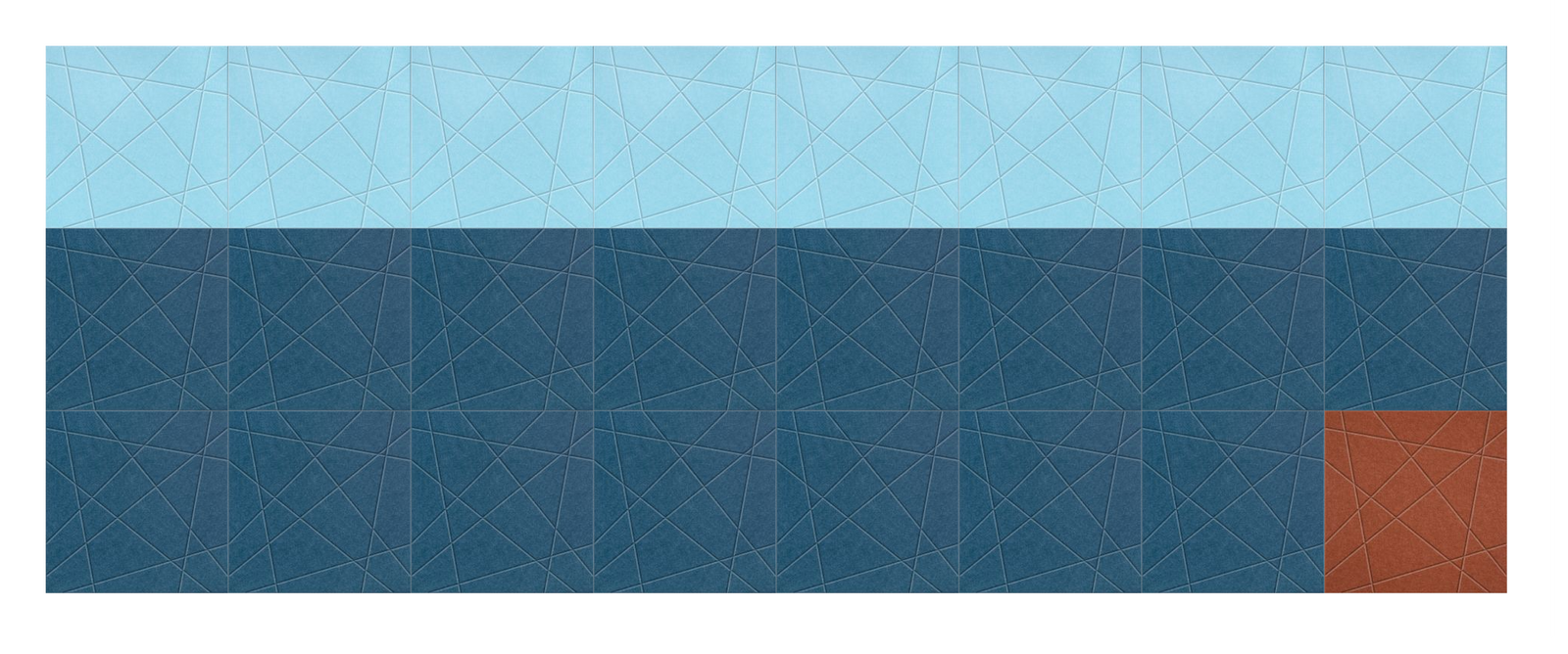 Abstract geometric design with light blue, dark teal, and rust red sections featuring interconnected line pattern.