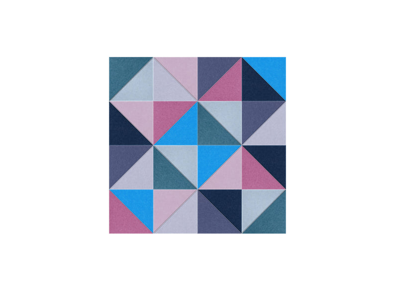 Geometric patchwork pattern in blue, pink, navy, and gray triangular tiles arranged in a diamond grid.