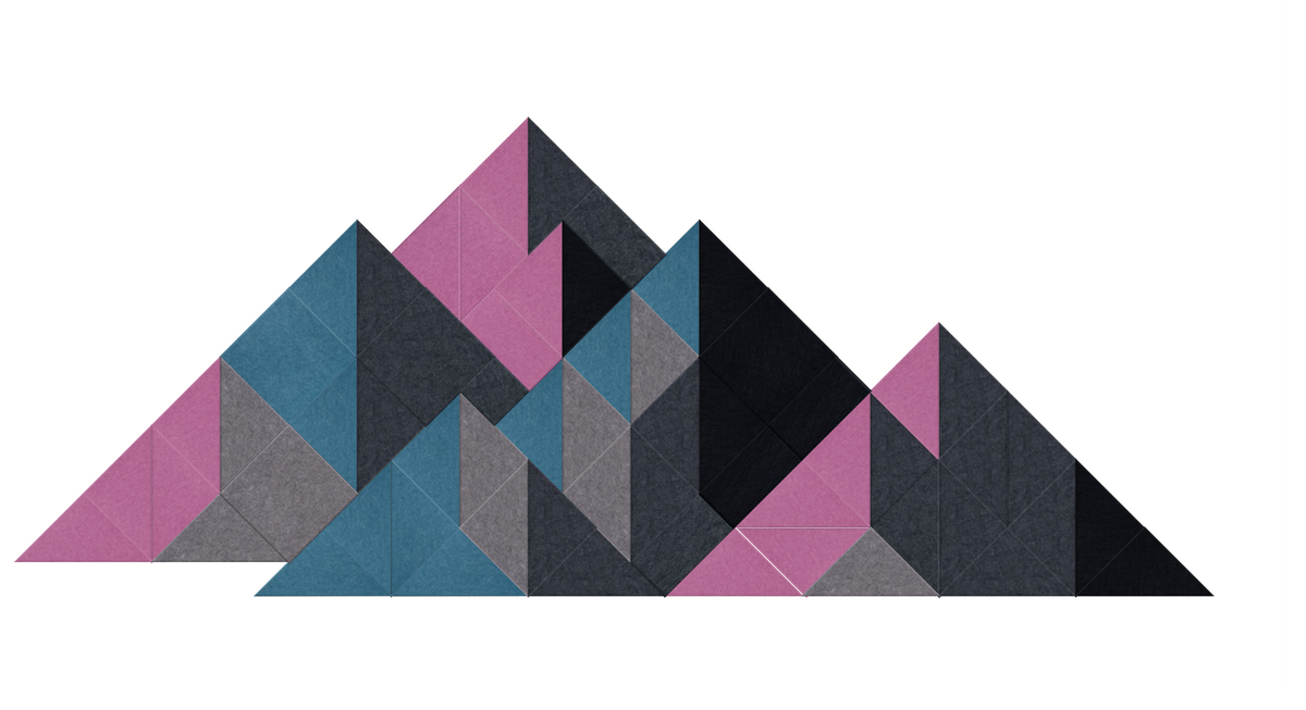 Abstract geometric mountain composition with overlapping triangles in plum, teal, gray, and black tones.