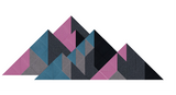 Abstract geometric mountain composition with overlapping triangles in plum, teal, gray, and black tones.