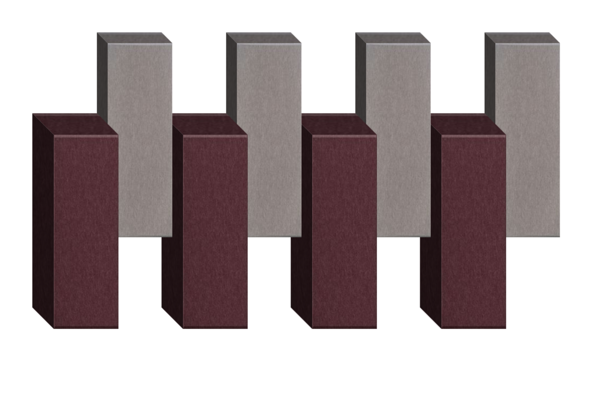 3D rendered abstract composition of burgundy and gray rectangular blocks arranged in alternating pattern.