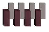 3D rendered abstract composition of burgundy and gray rectangular blocks arranged in alternating pattern.