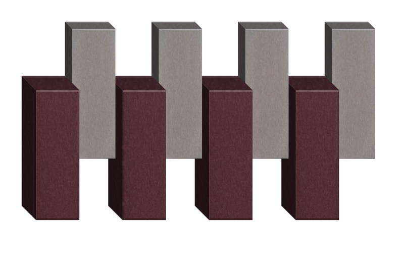3D rendered abstract composition of burgundy and gray rectangular blocks arranged in alternating pattern.