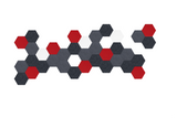 Interlocking red and dark gray hexagons arranged in a horizontal geometric pattern with white space between shapes.