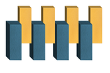 Four yellow and teal blue 3D rectangular blocks arranged in an alternating pattern.