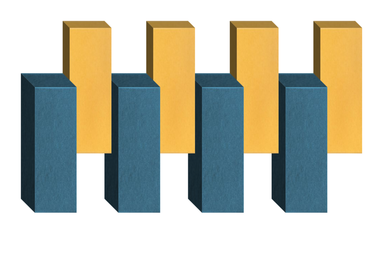 Four yellow and teal blue 3D rectangular blocks arranged in an alternating pattern.