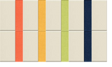 Cream background with vertical pinstripes in coral, gold, lime green, and navy blue.