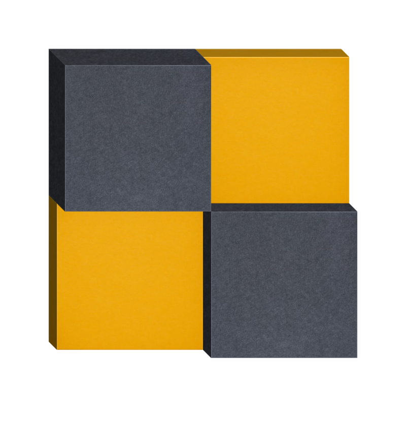 Four 3D cubes arranged in a grid pattern with alternating dark gray and yellow surfaces.