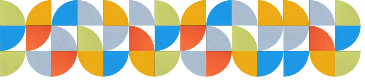 Geometric wall design with repeating colorful semicircles in blue, yellow, orange, gray, and green segments.