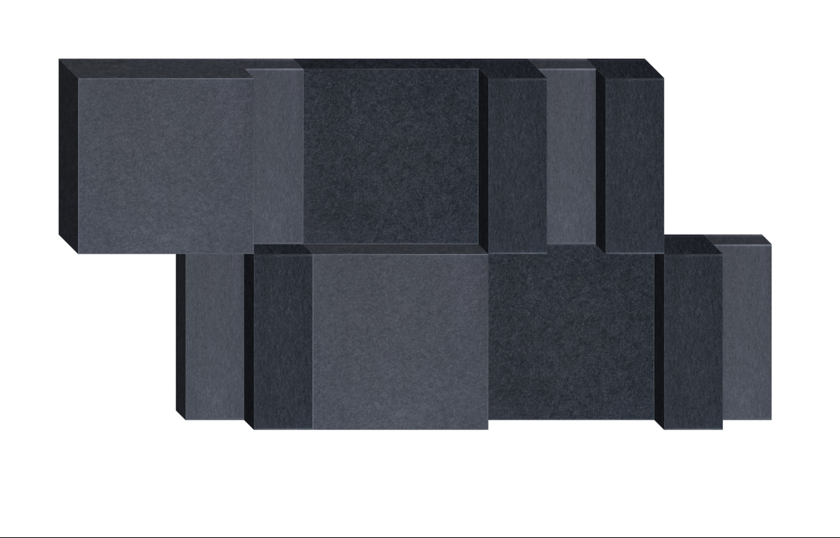 Abstract geometric arrangement of dark gray rectangular blocks in varying heights and widths.